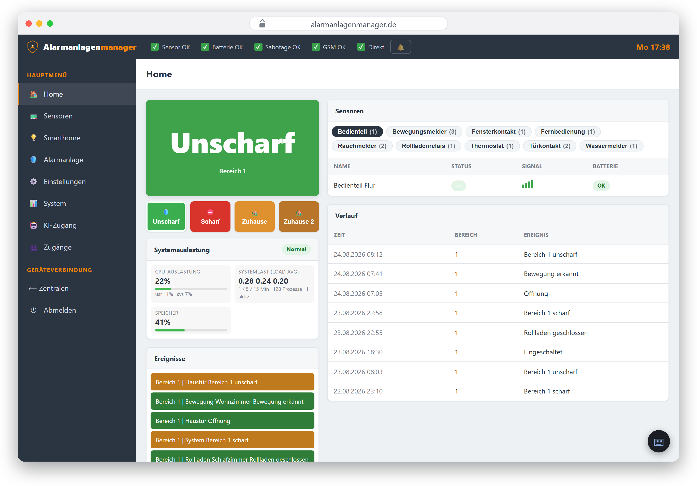 Übersicht: Modus, Systemauslastung, Sensoren und Verlauf